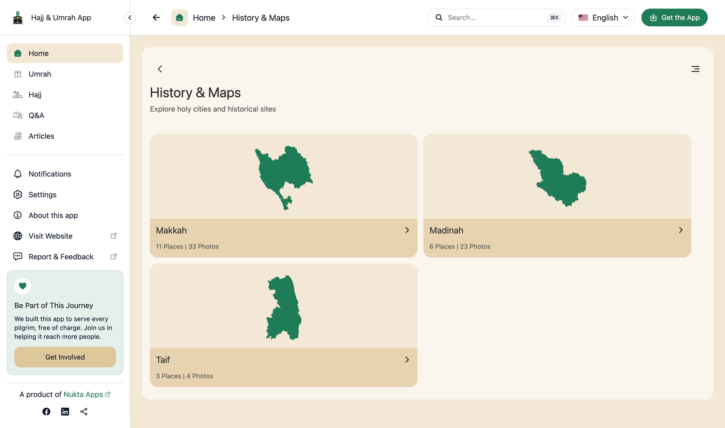 Sejarah & Peta di aplikasi web, dengan Makkah, Madinah, dan Taif