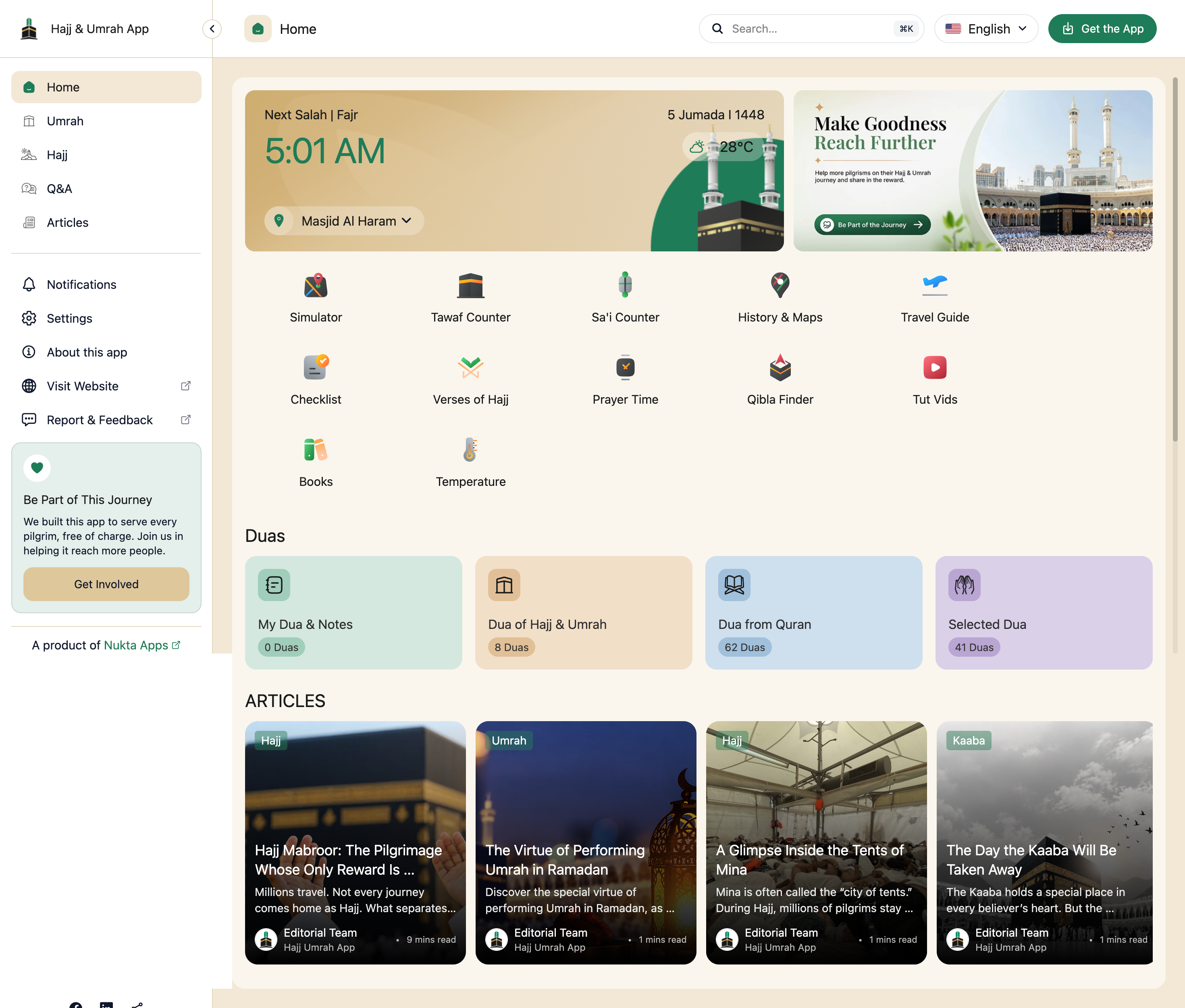 Layar Beranda aplikasi web, dengan waktu salat berikutnya dan semua fitur